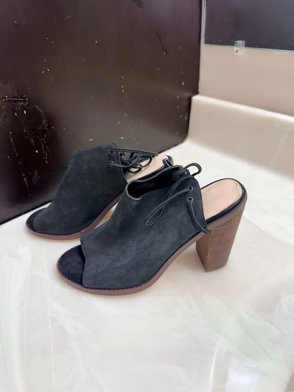 Nine West Black Suede Open-Toe Lace-Back Block Heel Mules